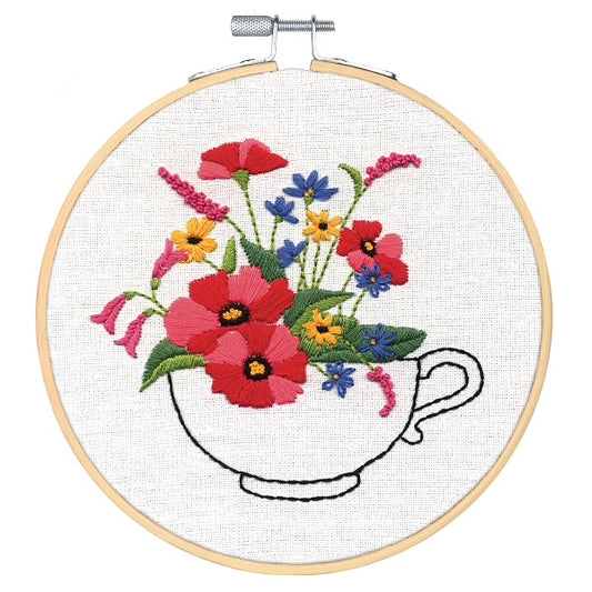 Crewel: Cup of Flowers Embroidery Kit with Hoop